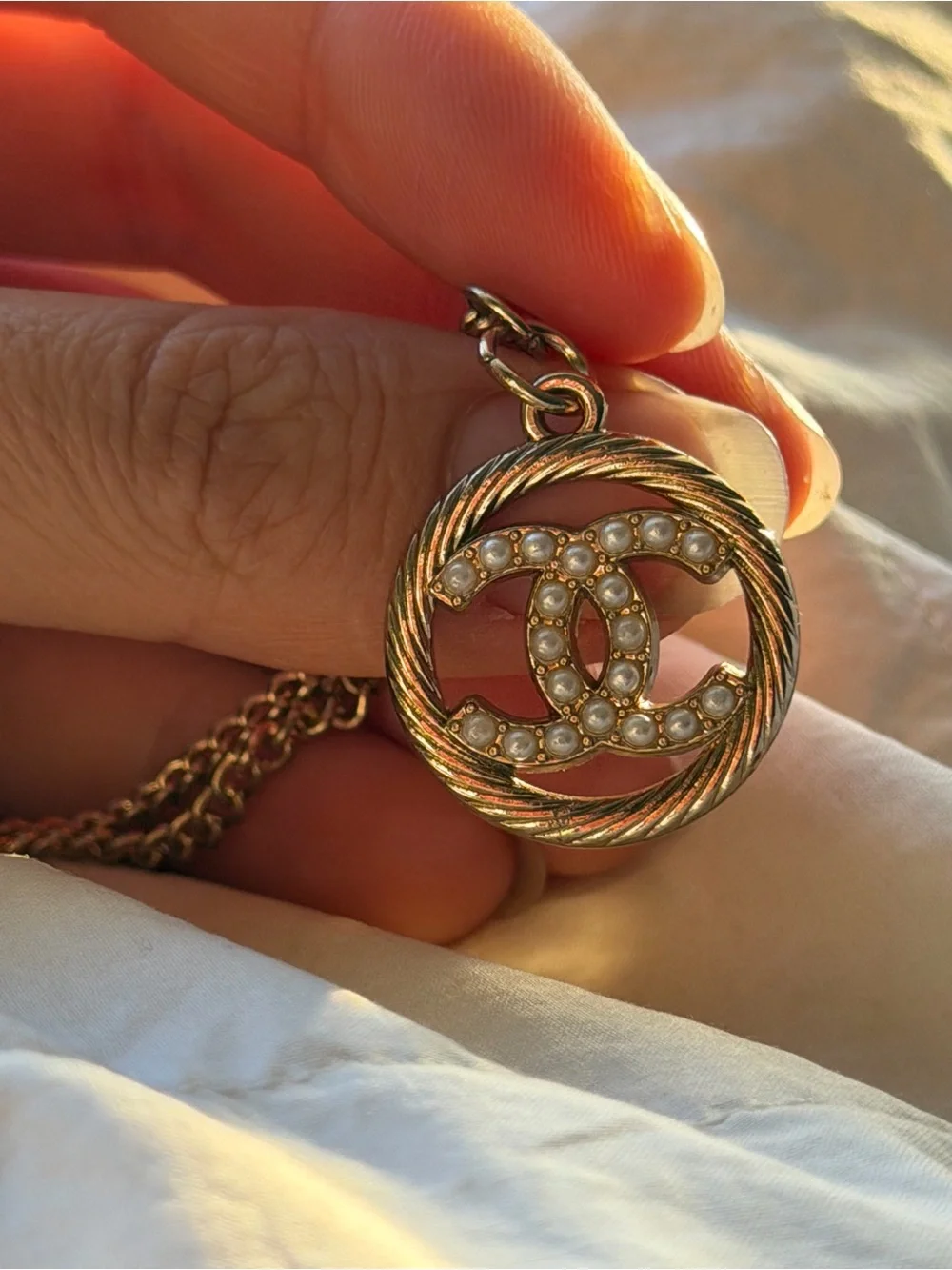 CHANEL Gold-Tone CC Pearly Pendant Necklace